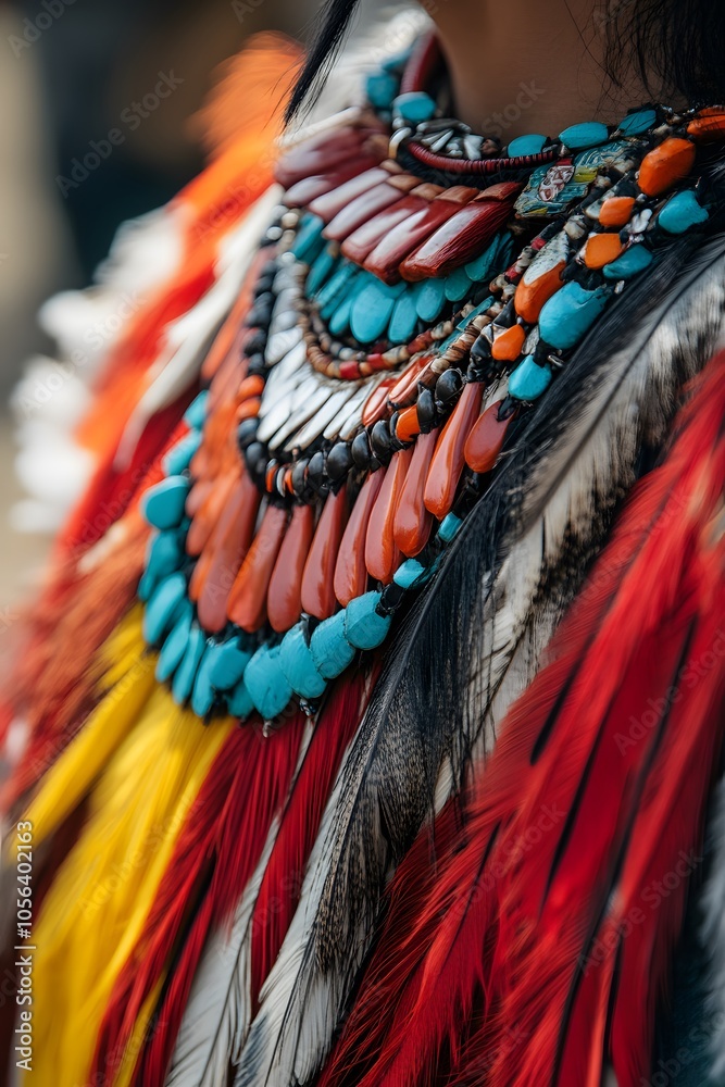 Obraz premium Close-up view of a traditional feathered necklace worn by a performer at the Hornbill Festival, emphasizing intricate details, 4K resolution