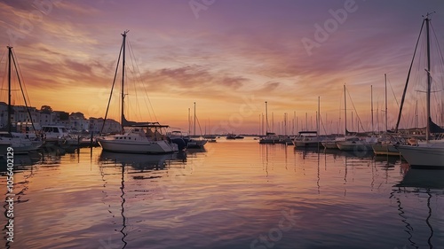 Serene sunset over a marina filled with sailboats.