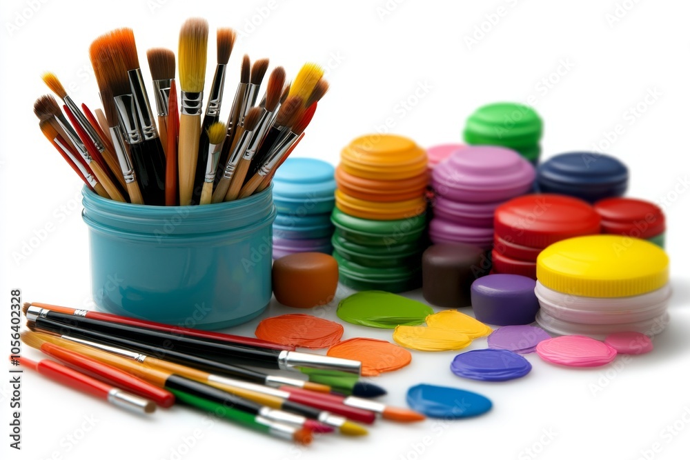 a 2D cartoon illustration of a jar with paintbrushes and pens organized and creative white background a 2D cartoon illustration of a jar with paintbrushes and pens organized and creative white background