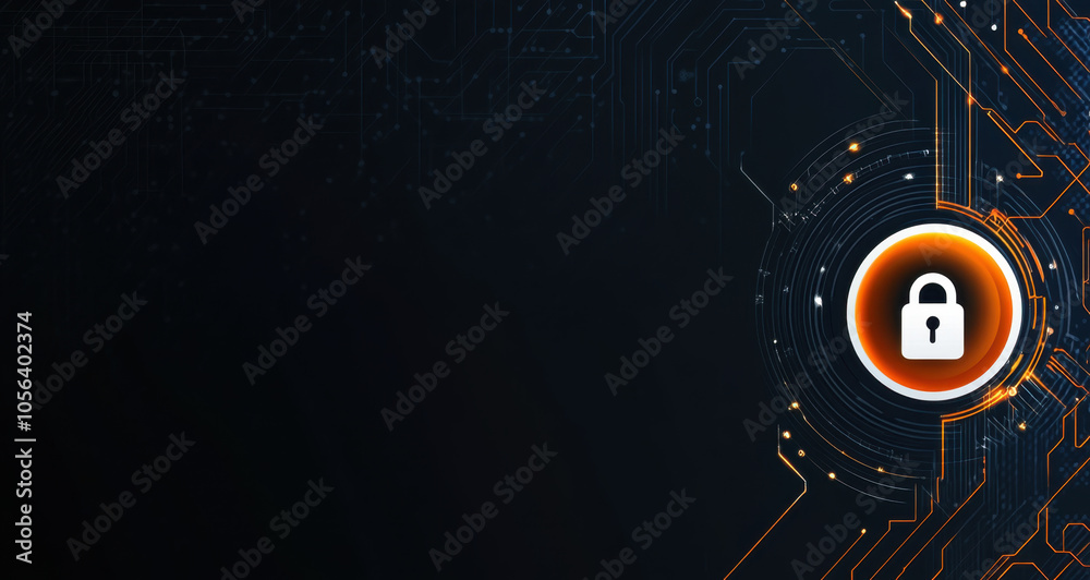 Fototapeta premium Abstract background featuring white circle with padlock symbol, representing security and technology. design incorporates circuit patterns and dark color scheme, evoking sense of digital protection