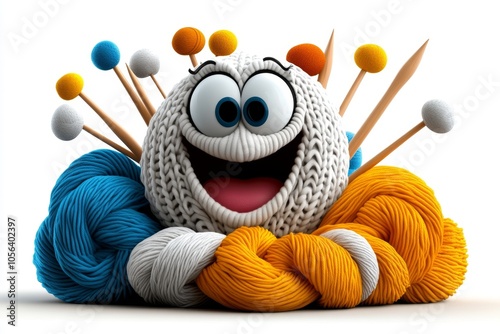 a 2D cartoon illustration of a knitting needle set with colorful yarn cozy and creative white background