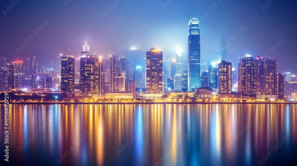Modern City Skyline with Bright Lighting at Night Modern City Skyline with Bright Lighting at Night