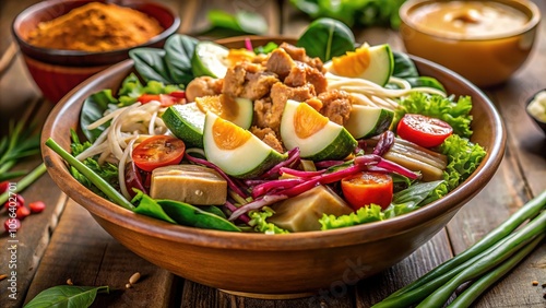 Sharp focus captures the vibrant colors and textures of Gadogado salad, an Indonesian culinary masterpiece. photo