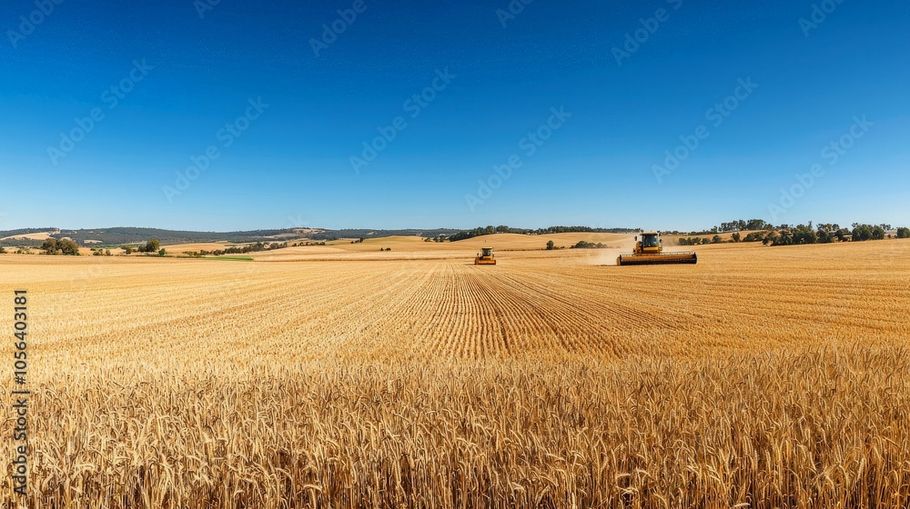A panoramic view of golden wheat fields being harvested by combine harvesters under a clear blue sky A panoramic view of golden wheat fields being harvested by combine harvesters under a clear blue sky
