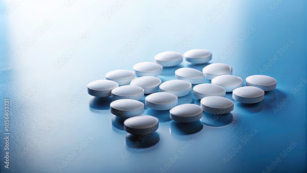 A cluster of white pills scattered on a smooth blue surface, creating a stark contrast in color and shape. A cluster of white pills scattered on a smooth blue surface, creating a stark contrast in color and shape.
