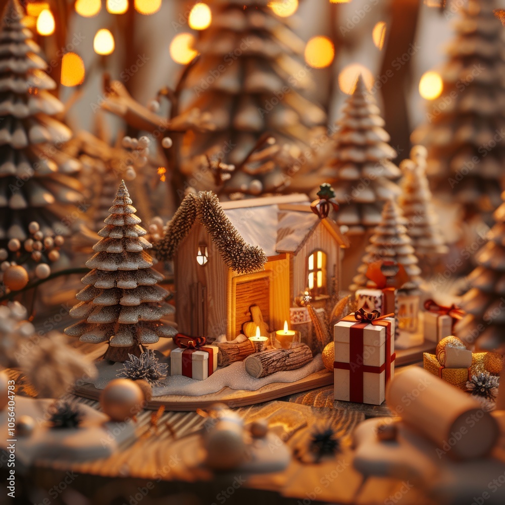 A small wooden cabin is surrounded by trees and presents. The cabin is lit by candles and there are two red boxes on the ground