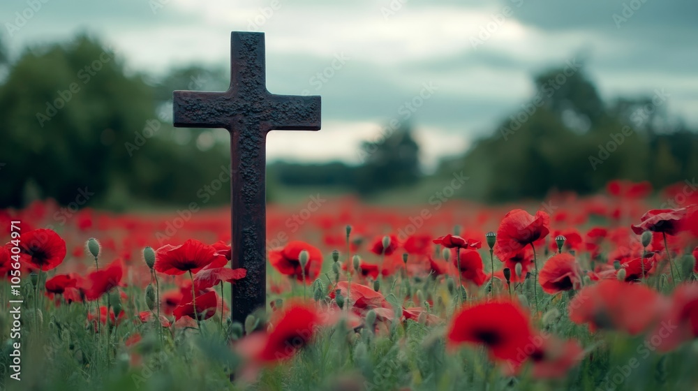 Rustic Cross in a Field of Red Poppies Under Cloudy Sky - Serene and Peaceful Nature Scene Rustic Cross in a Field of Red Poppies Under Cloudy Sky - Serene and Peaceful Nature Scene