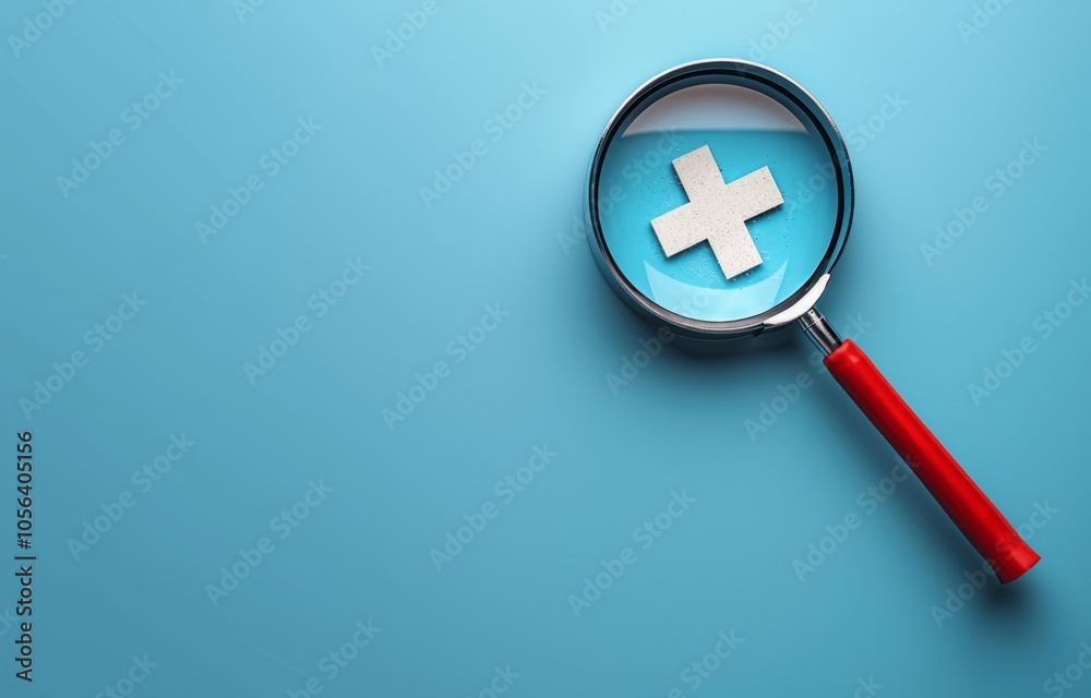 Dusty white plus sign icon on blue background with magnifier for medical and healthcare concepts Dusty white plus sign icon on blue background with magnifier for medical and healthcare concepts