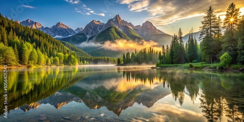 A Serene Mountain Lake Reflecting the Golden Light of Dawn, Mist Swirling on the Water, Green Trees Lining the Shores, and Majestic Peaks Rising in the Background