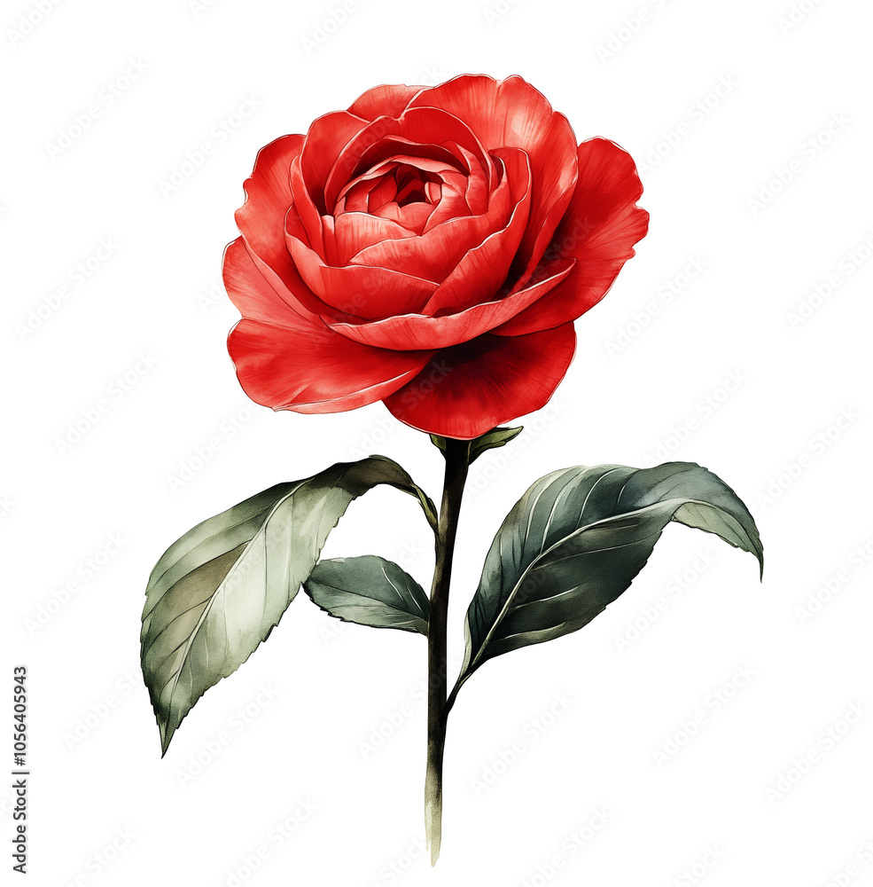 red camellia flower with leaves on the stem, on a white background, watercolor style. red camellia flower with leaves on the stem, on a white background, watercolor style.