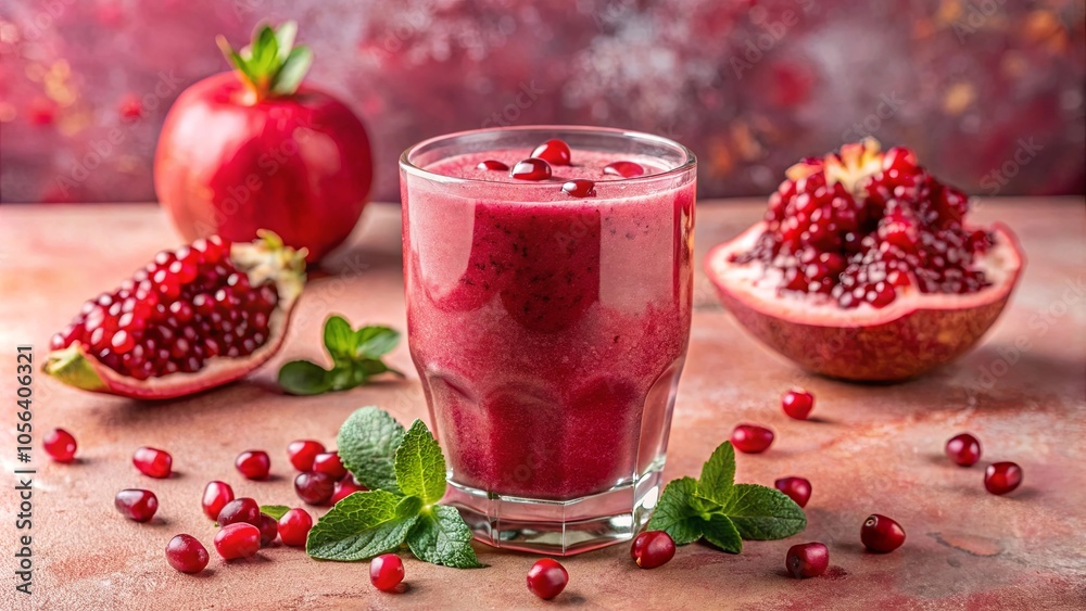 A vibrant glass of ruby-red pomegranate smoothie surrounded by fresh fruit and a sprig of mint, capturing the essence of a healthy and refreshing beverage. A vibrant glass of ruby-red pomegranate smoothie surrounded by fresh fruit and a sprig of mint, capturing the essence of a healthy and refreshing beverage.