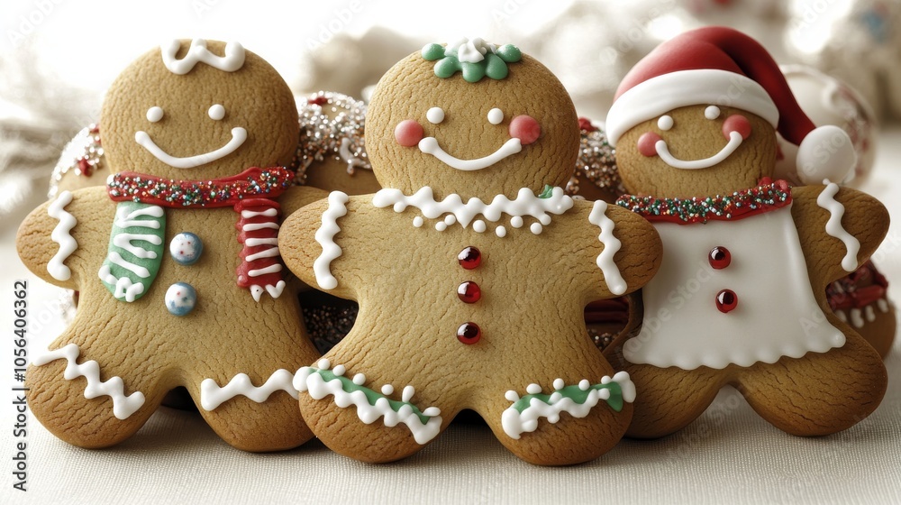 Obraz premium Gingerbread Cheer: Three festive gingerbread men, each with unique decorations and warm smiles, symbolize the joy and sweetness of the holiday season. 