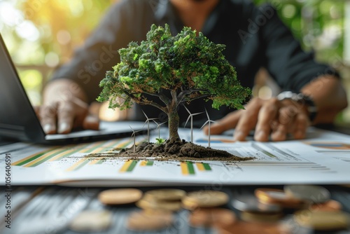 Businessman with Tree Growing on Coin Stack. Green Business Growth and Sustainable Investment. Finance, Alternative Energy, Eco Development, Corporate Reports, Construction Project. photo