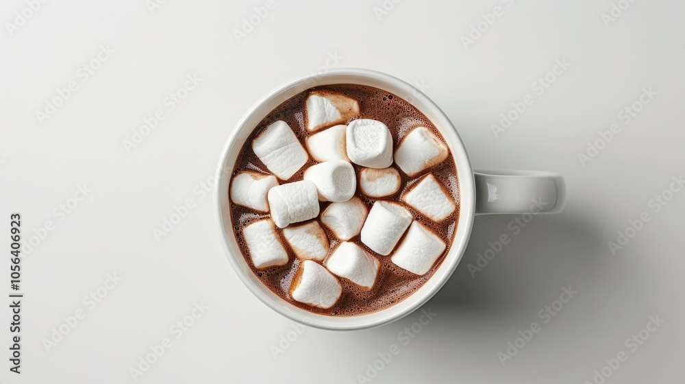 Cocoa with marshmallows in white mug on white background from above. Cocoa with marshmallows in white mug on white background from above.