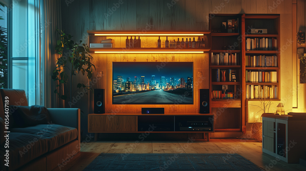 Stylish living room with ambient lighting, TV showing cityscape, and wooden shelves filled with books