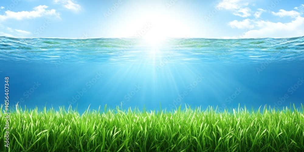 Fototapeta premium A serene underwater scene with sunlight filtering through water above lush green grass.