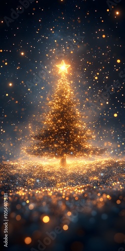 Mobile phone wallpaper with a golden Christmas tree made of stars on a black background and shining brightly.