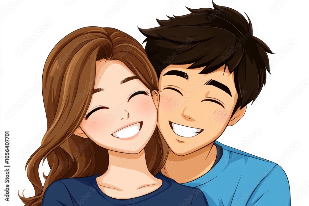2D illustration of a couple exchanging gentle smiles, capturing the essence of love on a clean white background, symbolizing simplicity and warmth 2D illustration of a couple exchanging gentle smiles, capturing the essence of love on a clean white background, symbolizing simplicity and warmth