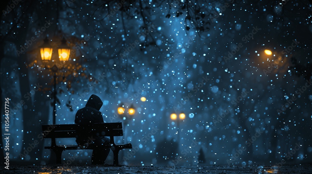 Fototapeta premium Depressed man on park bench at night under streetlamp in heavy rain, deep in thought with surrounding darkness highlighting his emotional state and loneliness