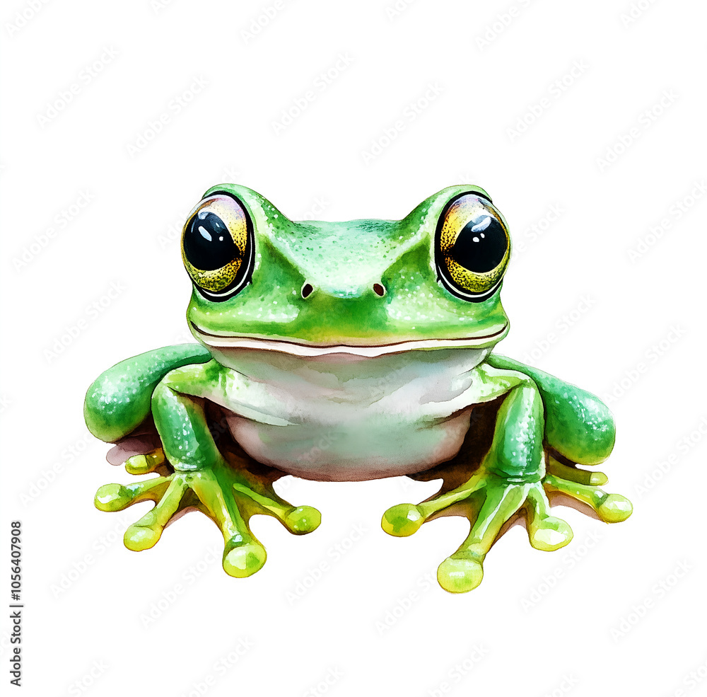 Obraz premium Watercolor cute green frog clipart, on a white background.