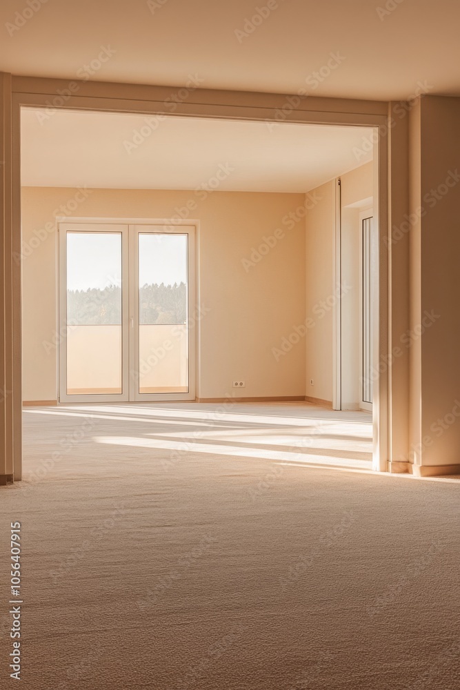 Fototapeta premium Bright and spacious empty room with large windows, beige walls, and carpeted floor, illuminated by natural sunlight.