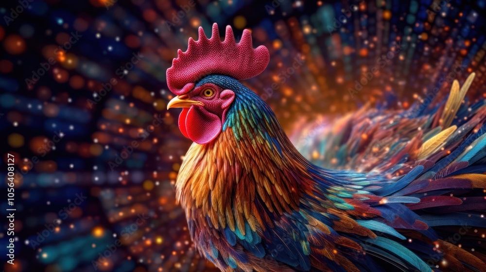 Colorful Rooster with Sparkling Background Colorful Rooster with Sparkling Background