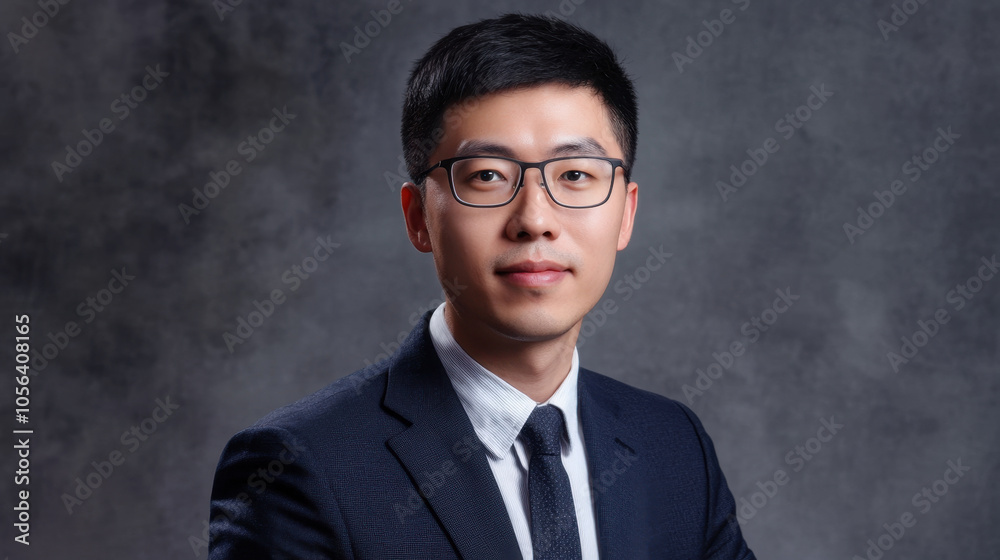 professional man in suit with glasses poses confidently against textured gray background, exuding sense of professionalism and determination professional man in suit with glasses poses confidently against textured gray background, exuding sense of professionalism and determination