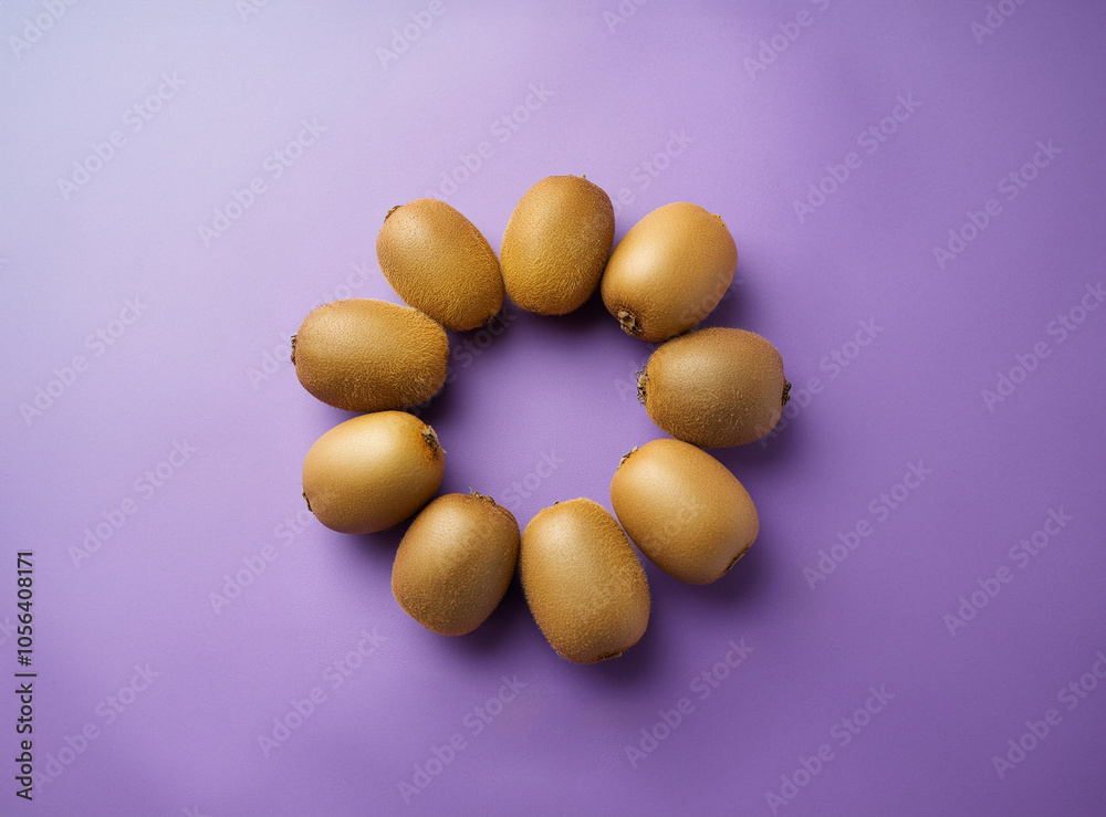 Fruit background. Composition featuring a group of kiwis arranged in a circle on a light purple surface. Fruit background. Composition featuring a group of kiwis arranged in a circle on a light purple surface.