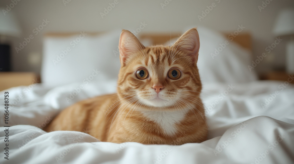charming orange cat with short coat and round face sits on cozy bed, exuding playful and curious expression. Its large eyes capture attention, making it adorable companion charming orange cat with short coat and round face sits on cozy bed, exuding playful and curious expression. Its large eyes capture attention, making it adorable companion