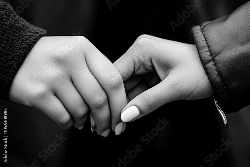 Close-up of two hands lightly touching during a shared moment, with soft light capturing the subtle attraction and affection between them, symbolizing intimacy and warmth photo