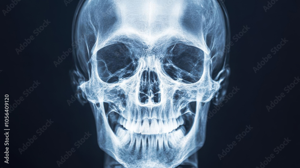 A detailed x-ray image of a human skull, showcasing the intricate bone structure and unique features of the cranial anatomy. A detailed x-ray image of a human skull, showcasing the intricate bone structure and unique features of the cranial anatomy.