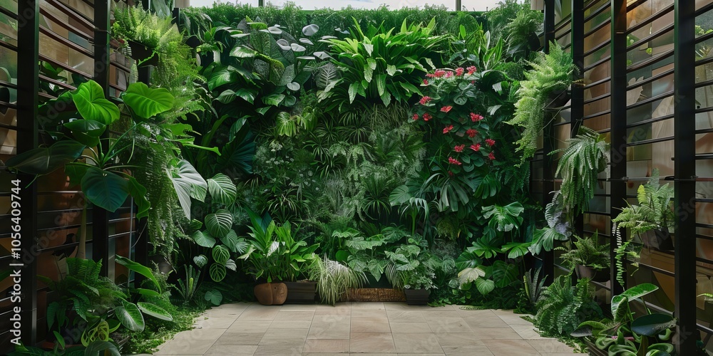 A stunning vertical garden featuring a variety of lush green plants and vibrant flowers, creating a serene and modern outdoor patio space. A stunning vertical garden featuring a variety of lush green plants and vibrant flowers, creating a serene and modern outdoor patio space.