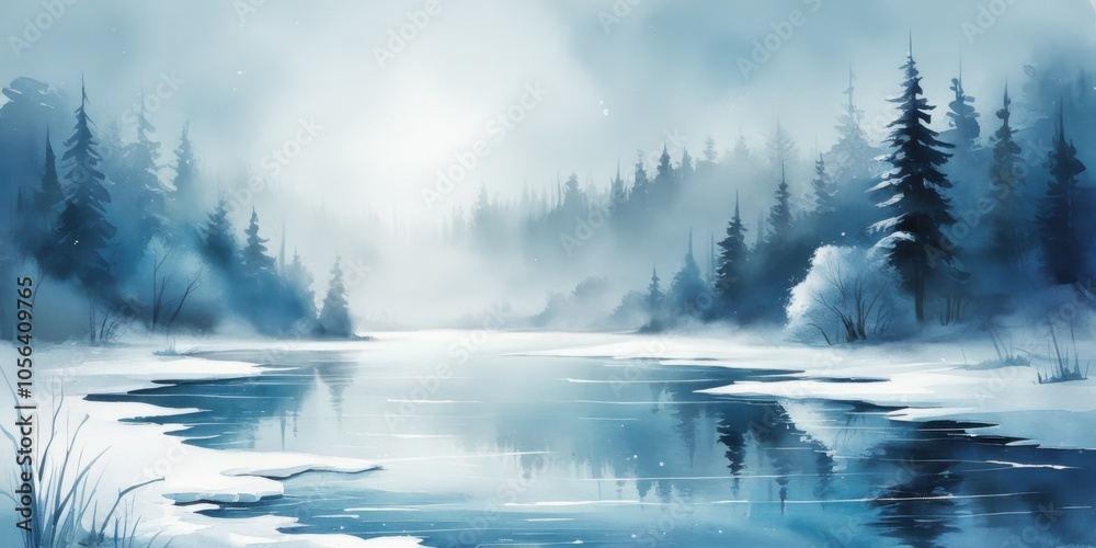 Winter landscape, misty forest, snow-covered trees, frozen lake, watercolor painting, blue tones, ethereal atmosphere, reflections on water, pine trees, foggy scene, serene wilderness, nature artwork, Winter landscape, misty forest, snow-covered trees, frozen lake, watercolor painting, blue tones, ethereal atmosphere, reflections on water, pine trees, foggy scene, serene wilderness, nature artwork,