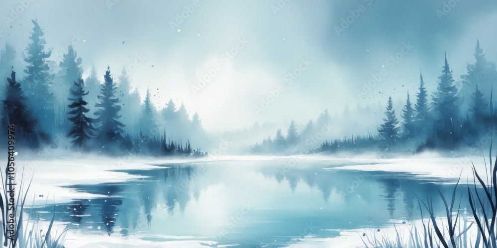 Winter landscape, misty forest, snow-covered trees, frozen lake, watercolor painting, blue tones, ethereal atmosphere, reflections on water, pine trees, foggy scene, serene wilderness, nature artwork, Winter landscape, misty forest, snow-covered trees, frozen lake, watercolor painting, blue tones, ethereal atmosphere, reflections on water, pine trees, foggy scene, serene wilderness, nature artwork,