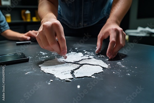 Detailed close-up of a torn piece of clothing on an evidence table, capturing the subtle details and possible clues hidden within physical evidence, symbolizing intrigue and scrutiny photo