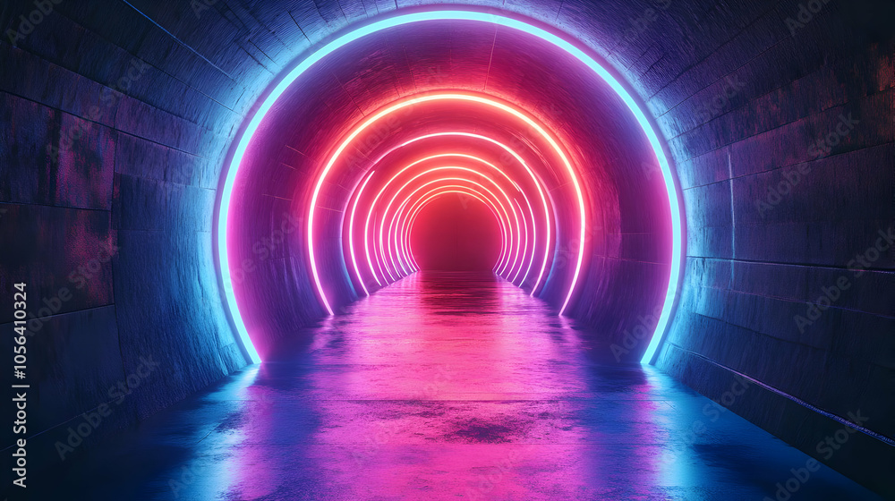 Neon Lights in a Concrete Tunnel 3D Illustration Neon Lights in a Concrete Tunnel 3D Illustration