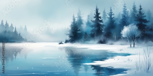 Winter landscape, misty forest, snow-covered trees, frozen lake, watercolor painting, blue tones, ethereal atmosphere, reflections on water, pine trees, foggy scene, serene wilderness, nature artwork,