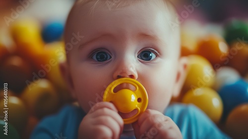 Adorable Baby with Pacifier in Ball Pit