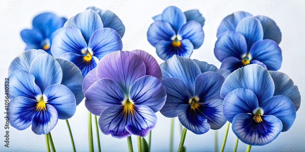 A cluster of delicate blue and purple pansies with delicate veins and bright yellow centers, bathed in soft light A cluster of delicate blue and purple pansies with delicate veins and bright yellow centers, bathed in soft light