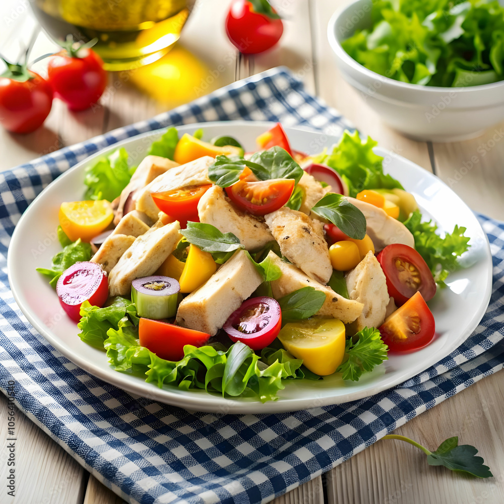 chicken salad with vegetables on the table on whit background chicken salad with vegetables on the table on whit background