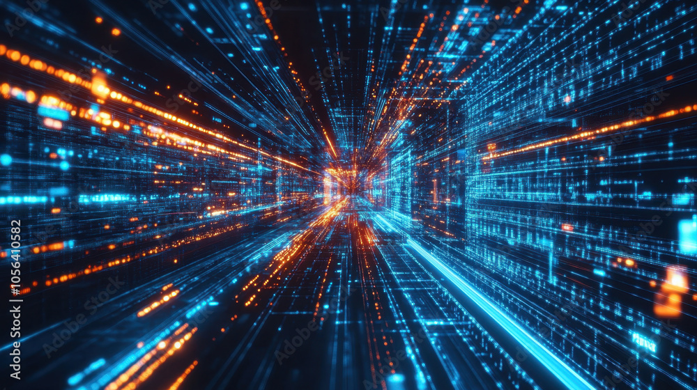 Fototapeta premium Dynamic digital tunnel with vibrant blue and orange lights creating sense of technology and speed. This abstract background evokes feelings of innovation and futuristic concepts