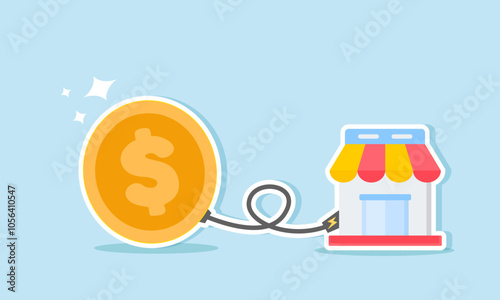 A store is connected by power cables from dollar coins, illustrating how stable capital and finances can create a resilient, thriving, and sustainable marketplace