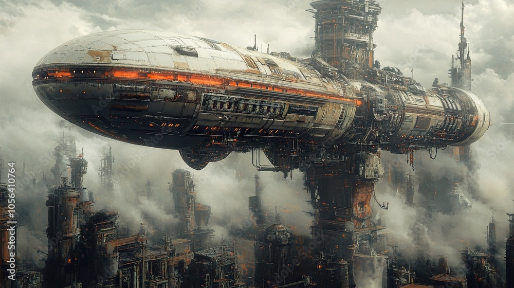 Futuristic Airship Soaring Over a Steampunk City Futuristic Airship Soaring Over a Steampunk City