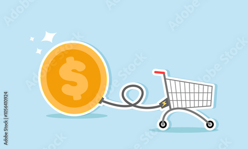 A shopping basket is connected by power cables from dollar coins, illustrating how stable capital and finances can be a key factor for stress-free business shopping
