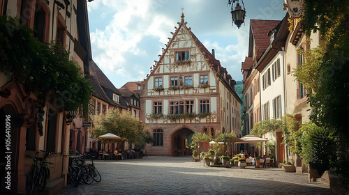 Cobblestone Street in European Village Illustration