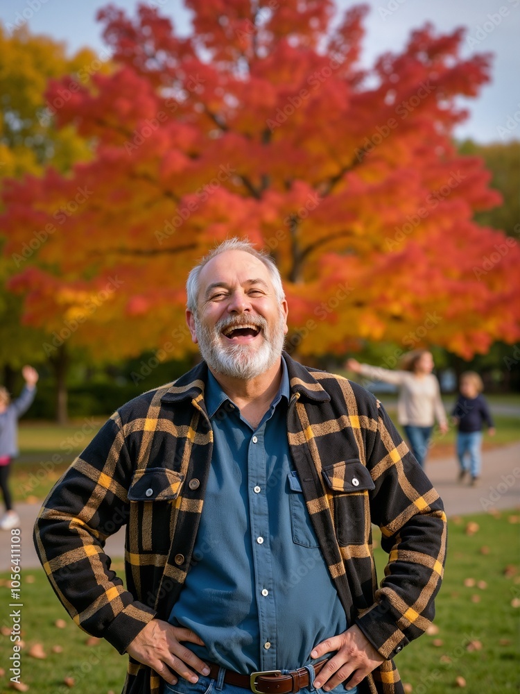 Cheerful Man Posing in Autumn Park with Vibrant Red Maple Tree Cheerful Man Posing in Autumn Park with Vibrant Red Maple Tree