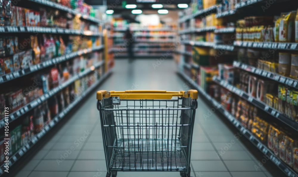 Empty shopping cart in supermarket aisle, anticipation and excitement for shopping Empty shopping cart in supermarket aisle, anticipation and excitement for shopping