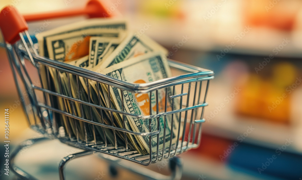 Shopping cart full of cash, representing consumer spending power Shopping cart full of cash, representing consumer spending power