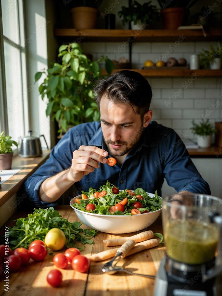 Man Preparing a Fresh Salad with Cherry Tomatoes in a Sunlit Kitchen Man Preparing a Fresh Salad with Cherry Tomatoes in a Sunlit Kitchen