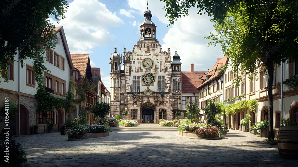 Town Square with Clock Tower 3D Illustration Town Square with Clock Tower 3D Illustration